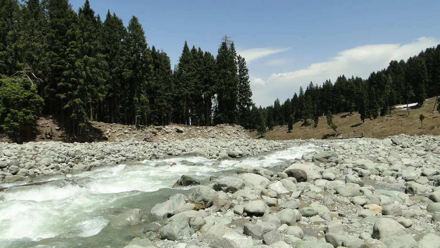 A green meadow with a stream at Doodhpathri