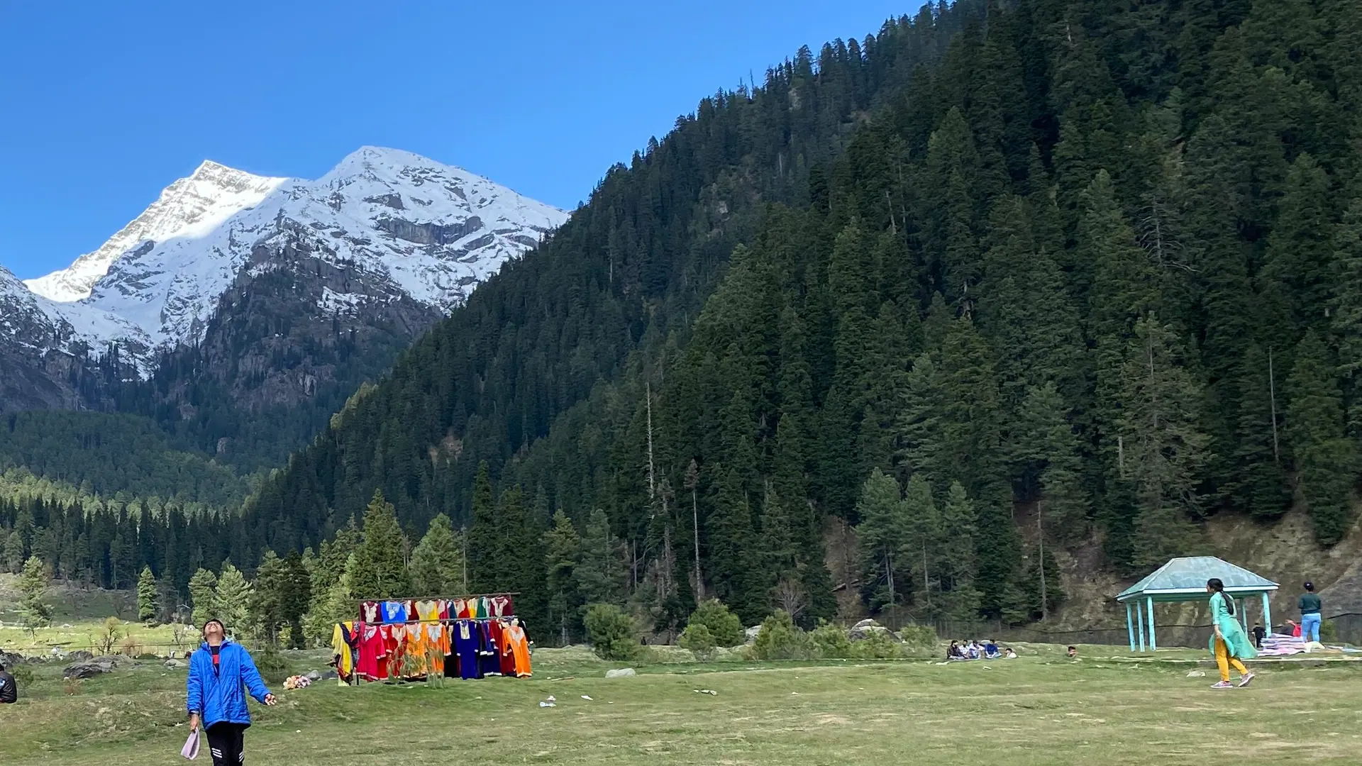 Travellers pausing on a green meadow in Aru Valley, with snow-capped peaks above the pine forest